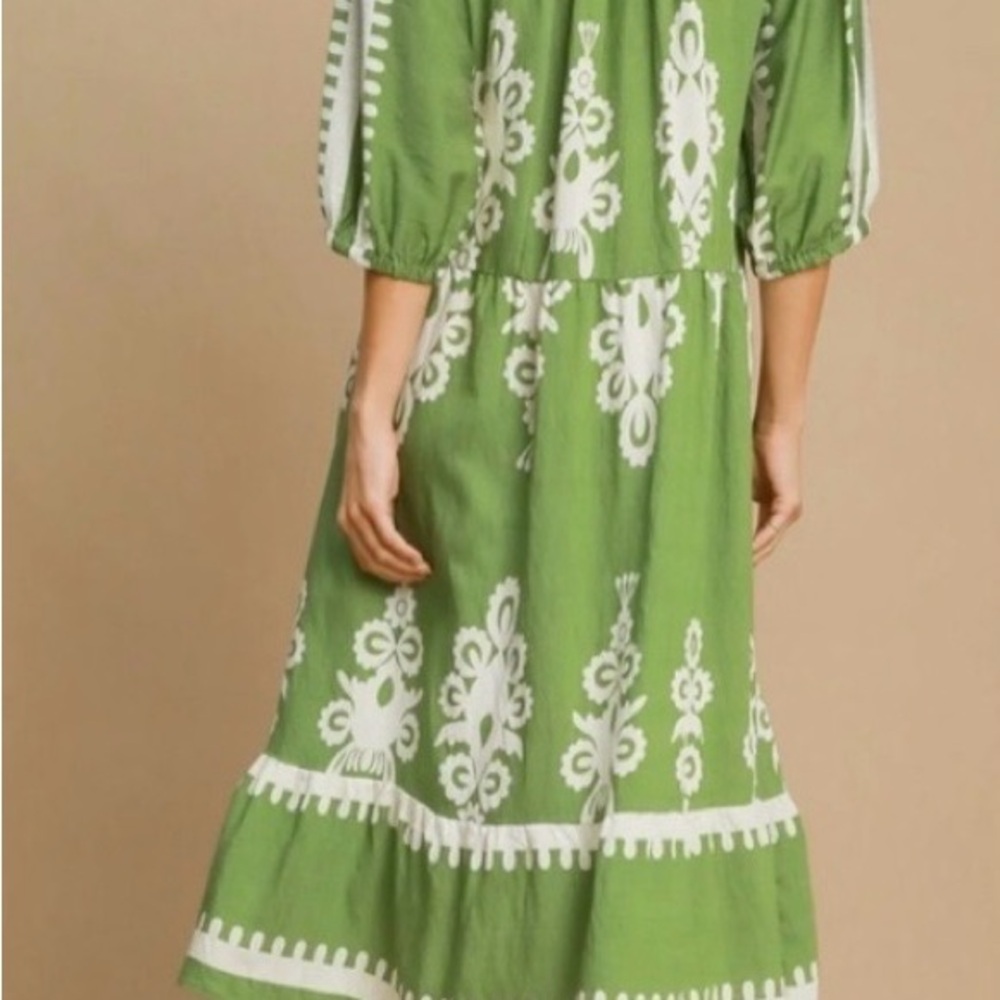 Umgee Green Midi Dress with White Embroidered Motif Large - Picture 3 of 6